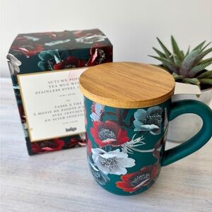 NWT Indigo Teal and Red Floral Mug with Wooden Lid & Stainless Steel Strainer